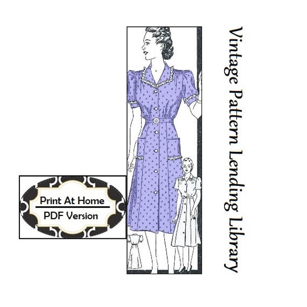 1940s Ladies Day Dress with Optional Detailing - INSTANT DOWNLOAD - Reproduction Sewing Pattern #F9961 - 44 Inch Bust - PDF - Print At Home