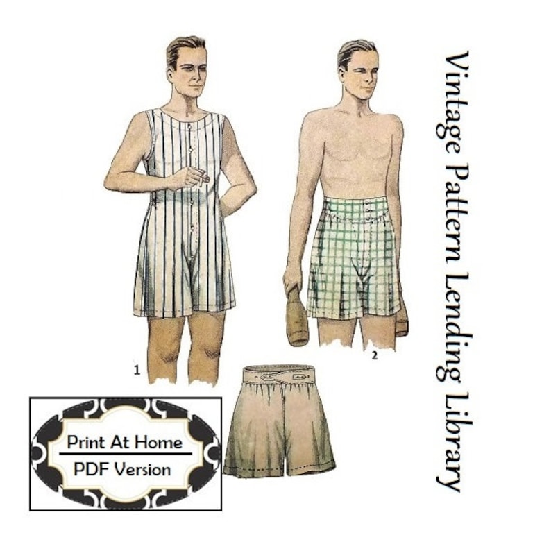 1940s Men’s Sleepwear, Pajamas, Slippers History     1930s Mens Union Suit & Undershorts - INSTANT DOWNLOAD - Reproduction 1933 Sewing Pattern #M1335 - Size 42 - PDF - Print At Home  AT vintagedancer.com