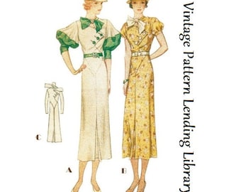 1930s Ladies Day Dress With Puff Sleeve Option - 1933 Art Deco Reproduction Sewing Pattern #T7357 - 34 Inch Bust