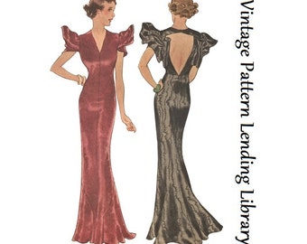 1930s Ladies Evening Gown With Pleated Sleeves - Reproduction 1934 Sewing Pattern #T8079 - 36 Inch Bust