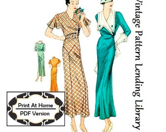 Jaren '30 damesjurk met grote kraag - INSTANT DOWNLOAD - Art Deco reproductie naaipatroon #T1481 - 36 Inch buste - PDF - Print thuis