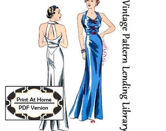 1930s Ladies Evening Gown With Back Bands - INSTANT DOWNLOAD - Reproduction 1936 Sewing Pattern #T1602 - 34 Inch Bust - PDF - Print At Home
