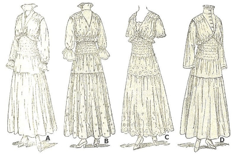 WW1, 1914-1919 Sewing Patterns     1915 Shirred Dress With Bretelles In Clearing Length -INSTANT DOWNLOAD- Reproduction Sewing Pattern #E7908 -38 Inch Bust- PDF- Print At Home  AT vintagedancer.com