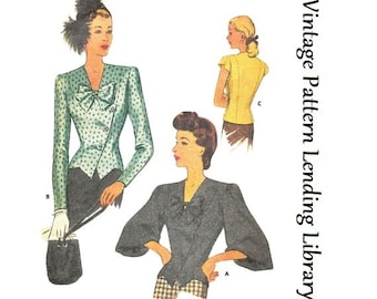 1940s Ladies Asymmetrical Blouse With Three Sleeve Options - Reproduction Sewing Pattern #F6636 - 36 Inch Bust - 1946 Jacket Blouse