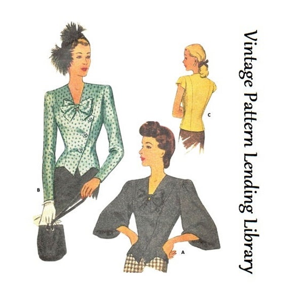 1940s Ladies Asymmetrical Blouse With Three Sleeve Options - Reproduction Sewing Pattern #F6636 - 36 Inch Bust - 1946 Jacket Blouse