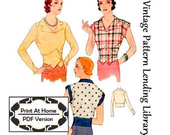 1930s Ladies Blouse In Vest Style - INSTANT DOWNLOAD - Reproduction 1932 Sewing Pattern #T6960 - 38 Inch Bust - PDF - Print At Home