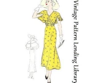 1930s Ladies Day Dress With Cape Sleeves - Reproduction 1935 Sewing Pattern #T0135 - 32 Inch Bust