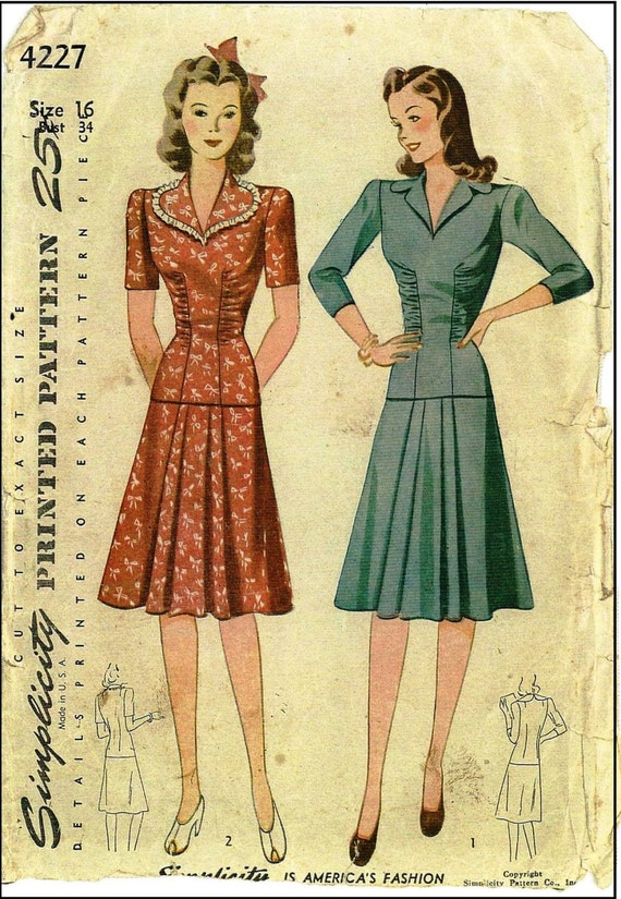 1940s Ladies Two Piece Day Dress Reproduction 1941 Sewing - Etsy