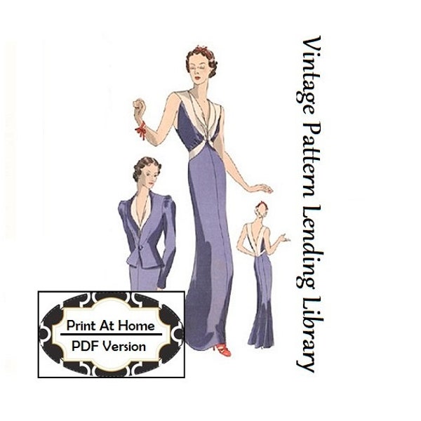 1930s Ladies Evening Gown With Jacket - INSTANT DOWNLOAD - Reproduction 1936 Sewing Pattern #T0435 - 34 Inch Bust - PDF - Print At Home