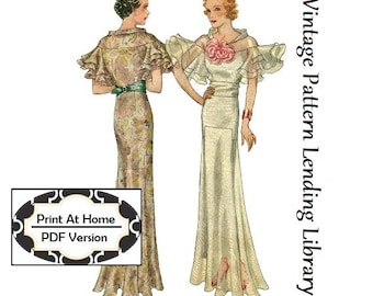 1930s Ladies Evening Gown With Wing Sleeves - INSTANT DOWNLOAD - Reproduction 1934 Sewing Pattern #T7653 - 34 Inch Bust- PDF - Print At Home