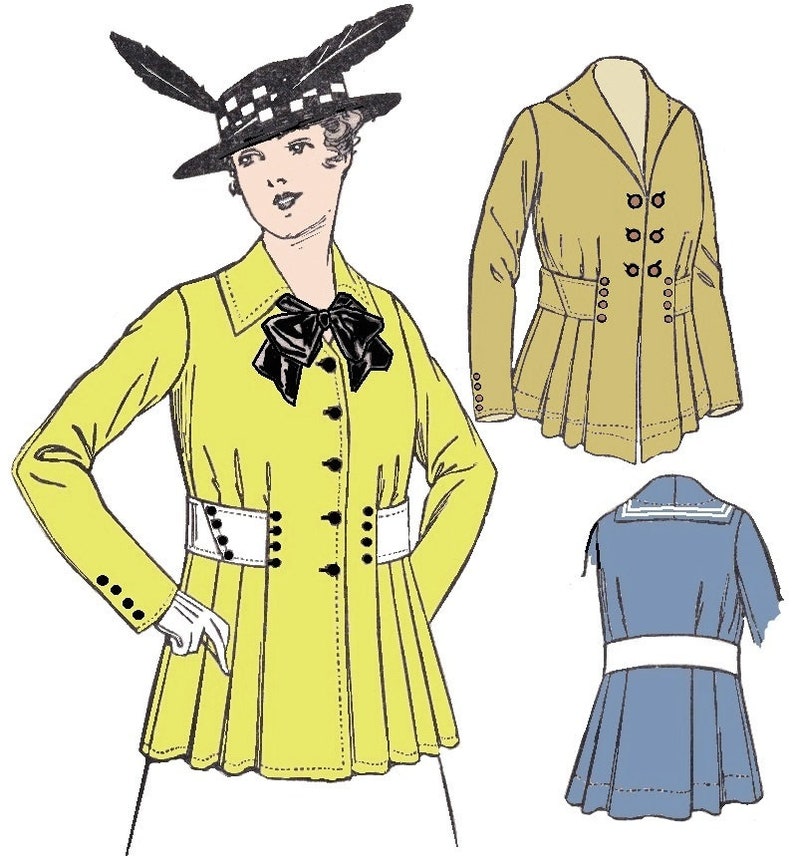 WW1, 1914-1919 Sewing Patterns     1915 Ladies Belted Jacket In Two Lengths - INSTANT DOWNLOAD - Reproduction Sewing Pattern #E6289 - 40 Inch Bust - PDF - Print At Home  AT vintagedancer.com