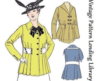 1910s Ladies Belted Jacket In Two Lengths With Collar Options - 1915 Reproduction Sewing Pattern #E6289 - 40 Inch Bust