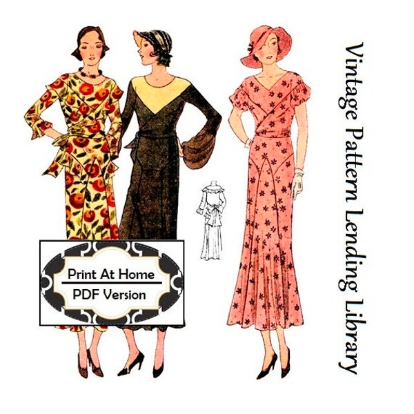 Robe d'après-midi pour dames des années 1930 en trois styles - TÉLÉCHARGEMENT INSTANTANÉ - Reproduction 1932 Patron de couture #T1060 - Buste de 36 pouces -PDF- Imprimer à la maison