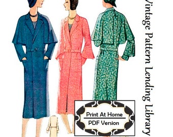1930 Ladies Coat With Optional Cape - INSTANT DOWNLOAD - Reproduction Sewing Pattern #T6212 - 34 Inch Bust - PDF - Print At Home