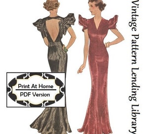 1930s Ladies Evening Gown With Pleated Sleeves - INSTANT DOWNLOAD - Reproduction 1934 Sewing Pattern #T8079 - 36 In Bust - PDF-Print At Home