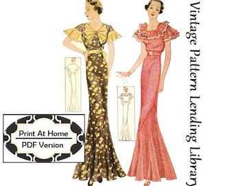 1930s Ladies Evening Gown With Two Necklines - INSTANT DOWNLOAD - Reproduction 1934 Sewing Pattern #T1495 -36 Inch Bust - PDF- Print At Home
