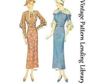 1930s Ladies Dress With Collar And Sleeve Options- Reproduction 1934 Sewing Pattern #T7744 - 44 Inch Bust