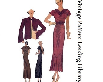 1930s Ladies V-Front Dress With Jacket - Reproduction 1934 Sewing Pattern #T1364 - 32 Inch Bust