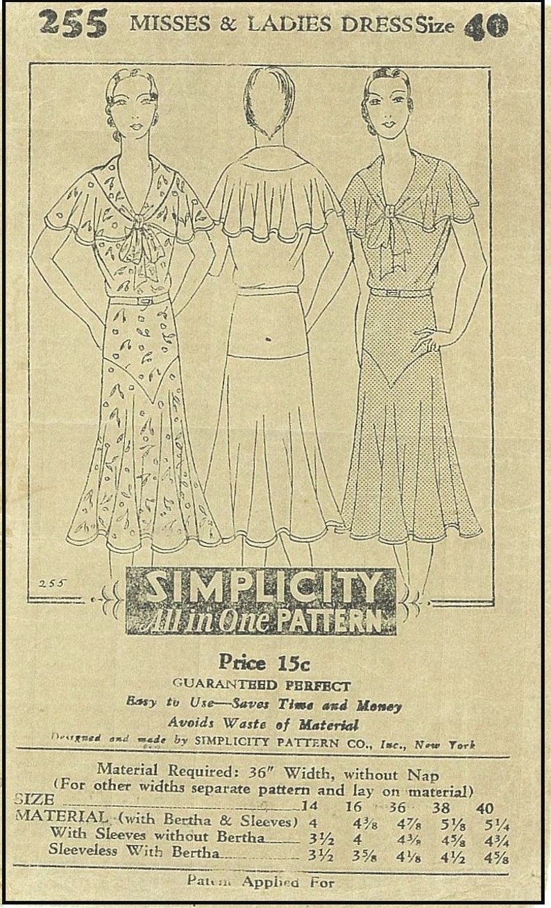 1930s Ladies Day Dress With Bertha INSTANT DOWNLOAD 0 Reproduction 1931-32 Sewing Pattern T0255 32-36 Inch Bust PDF Print At Home image 5