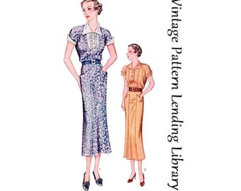 1930s Ladies Day Dress With Two Style Necklines - Reproduction 1936 Sewing Pattern #T8116 - 42 Inch Bust