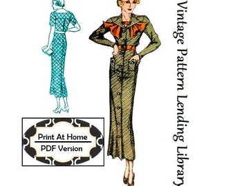 1930s Damen Kleid mit Schal Jabot - SOFORTIGER DOWNLOAD - Reproduktion 1935 Schnittmuster #T0206 - 38 Inch Büste - PDF - Print At Home