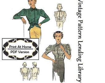 Jaren '30 Damesblouse met optionele peplum en mouw - INSTANT DOWNLOAD - Reproductie 1937 Naaipatroon #T1797 - PDF - Print thuis