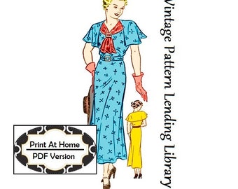 1930s Ladies Capelet Dress With Front Scarf Tie - INSTANT DOWNLOAD - Reproduction Sewing Pattern #T3412 - 38 Inch Bust - PDF - Print at Home