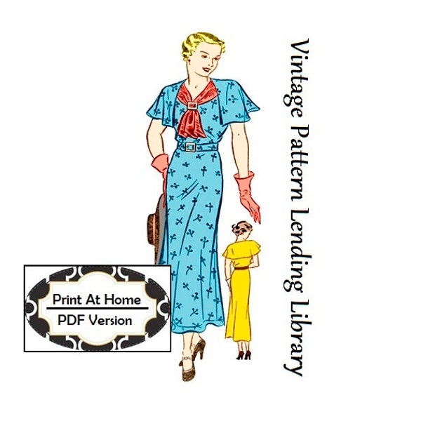 1930s Ladies Capelet Dress With Front Scarf Tie - INSTANT DOWNLOAD - Reproduction Sewing Pattern #T3412 - 38 Inch Bust - PDF - Print at Home