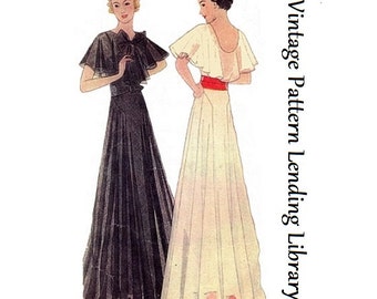 1930s Ladies Evening Gown With Capelet - Reproduction 1933 Sewing Pattern #T7292 - 38 Inch Bust