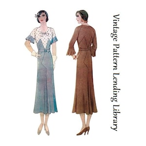 1930s Ladies Art Deco Style Dress With Sleeve Flare - Reproduction 1932 Sewing Pattern #T6895 - 38 Inch Bust