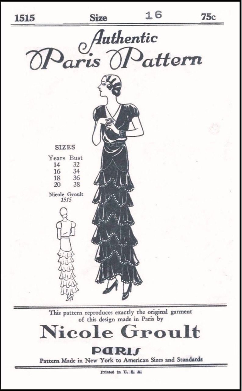 1930s Ladies Evening Gown With Ruffled Tiers by Nicole Groult Reproduction 1931 Sewing Pattern T1515 34 Inch Bust image 2
