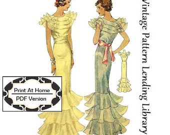 1930s Ladies Evening Gown With Sash - INSTANT DOWNLOAD 0 Reproduction 1934 Sewing Pattern #T7754 - 34 Inch Bust - PDF - Print At Home