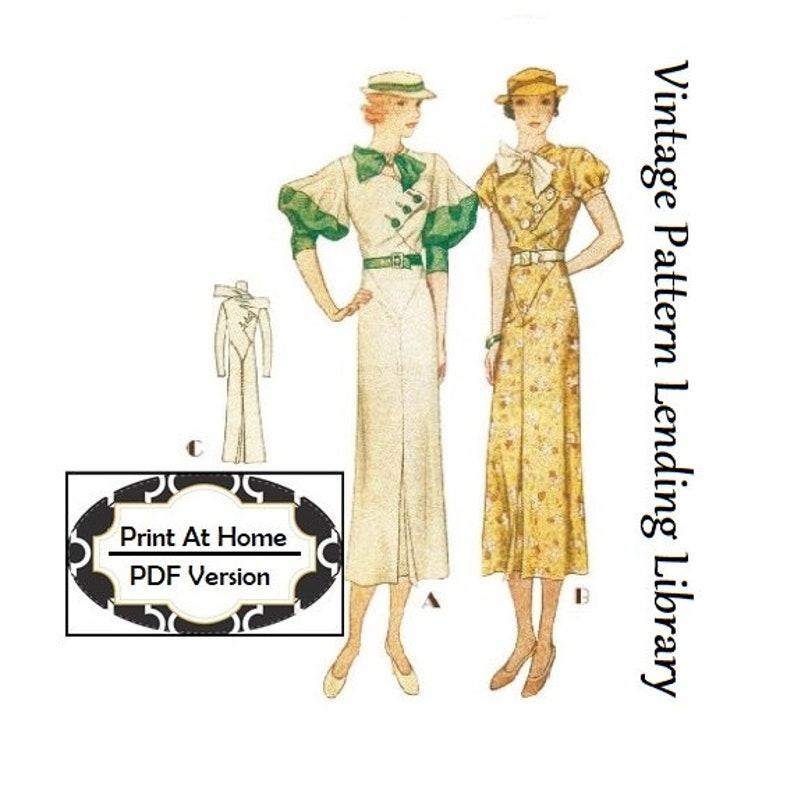 1930s Ladies Dress With Sleeve Options INSTANT DOWNLOAD 1933 ArtDeco Reproduction Sewing Pattern T7357 34 Inch Bust PDF Print At Home zdjęcie 1