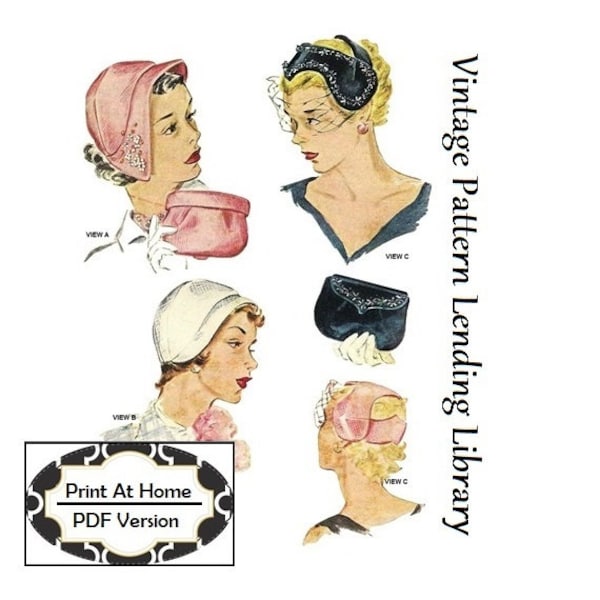 1950s Ladies Hats & Evening Bag - INSTANT DOWNLOAD - Reproduction 1952 Sewing Pattern #H1690 - PDF - Print At Home