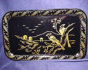 Vintage Metal Serving Tray Chinoiserie Black Gold Asian Scene Birds