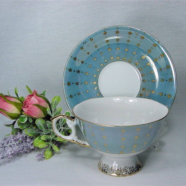 Charming Vintage Brinn's China Cup Saucer Set Turquoise Gold Stars