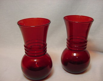 Vintage Pair Royal Ruby Red Vases Anchor Hocking
