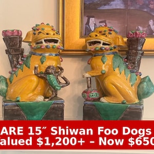 Large Antique Shiwan Foo Dogs – Pair of Polychrome Guardian Lions – Early 20th Century