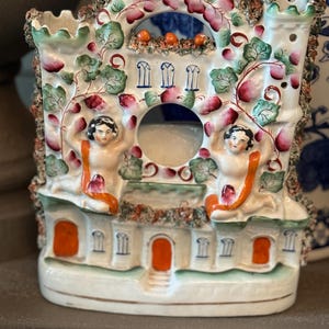 Victorian Staffordshire Pottery Watch Holder-Cherubs, Castle design 19th Century English Mantel Design