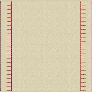 May include: A beige fabric background with two vertical lines of red stitching on either side. The lines are evenly spaced and create a symmetrical design.