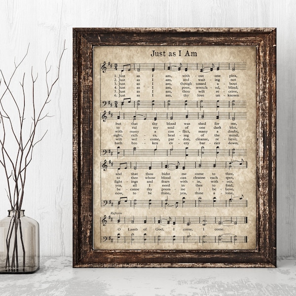 Just As I Am Hymn Print, Printable Vintage Sheet Music, Instant Download, Antique Hymnal Page, Christian Art, Farm House Decor, Farmouse