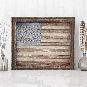 Rustic American Flag Print, Vintage Farmhouse Style Printable, Instant Download, Antique USA Wall Art, July 4th Decor, Independence Day Sign