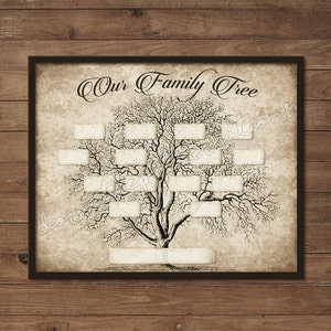 Puede incluir: Una ilustración en blanco y negro de un árbol genealógico con espacios en blanco para los nombres. El árbol está sobre un fondo de pergamino de estilo vintage con las palabras "Our Family Tree" en la parte superior.