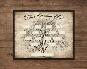 Vintage Family Tree Print Template - Instant Download - Printable, Wall Art, Ancestry, DIY Gift, 4 Generations, Blank