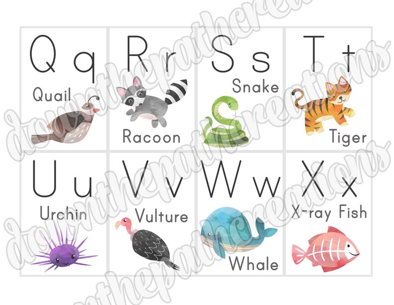 May include: A colorful alphabet chart with uppercase and lowercase letters, each paired with an animal illustration. The animals include a quail, raccoon, snake, tiger, urchin, vulture, whale, and x-ray fish.