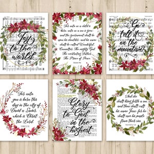 Set von 6 Weihnachtsbibel-Vers-Ausdrucken, Winter-Schrift-Download, Vintage-Hymnendrucke, Weihnachtsbibel-Vers-Bündel, Freude der Welt