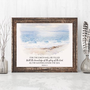Ocean Beach Bible Verse Printable, Habakkuk 2:14, Print, Watercolor Ocean, Instant Download, Scripture Decor, Christian Gift, Lake House