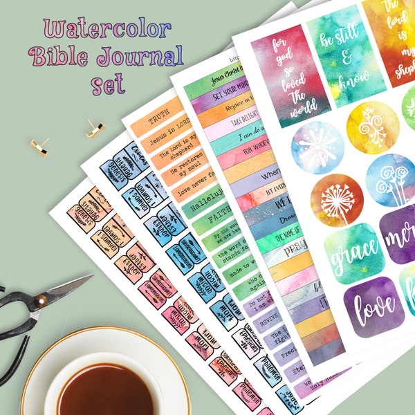 Watercolor Bible Journal Set, Instant Download, Scripture Stickers, Christian Planner, Faith Quotes, Prayer Journal Bundle, Washi Tape