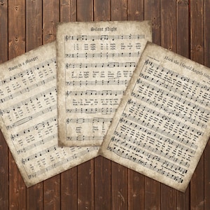 Villancicos, Conjunto Vintage de 3, DESCARGA INSTANTÁNEA, Partitura de Himno, Estilo Grunge Antiguo, Imprimible, Papel para Scrapbooking, Collage, Manualidades