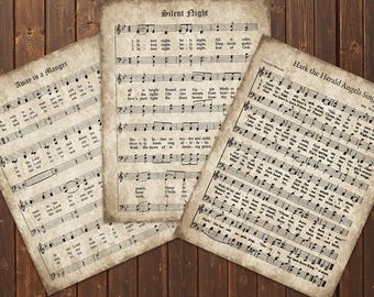 Christmas Carols, Vintage Set of 3, INSTANT DOWNLOAD, Sheet Music Hymn, Aged Antique Grunge, Printable, Scrapbooking Paper, Collage, crafts